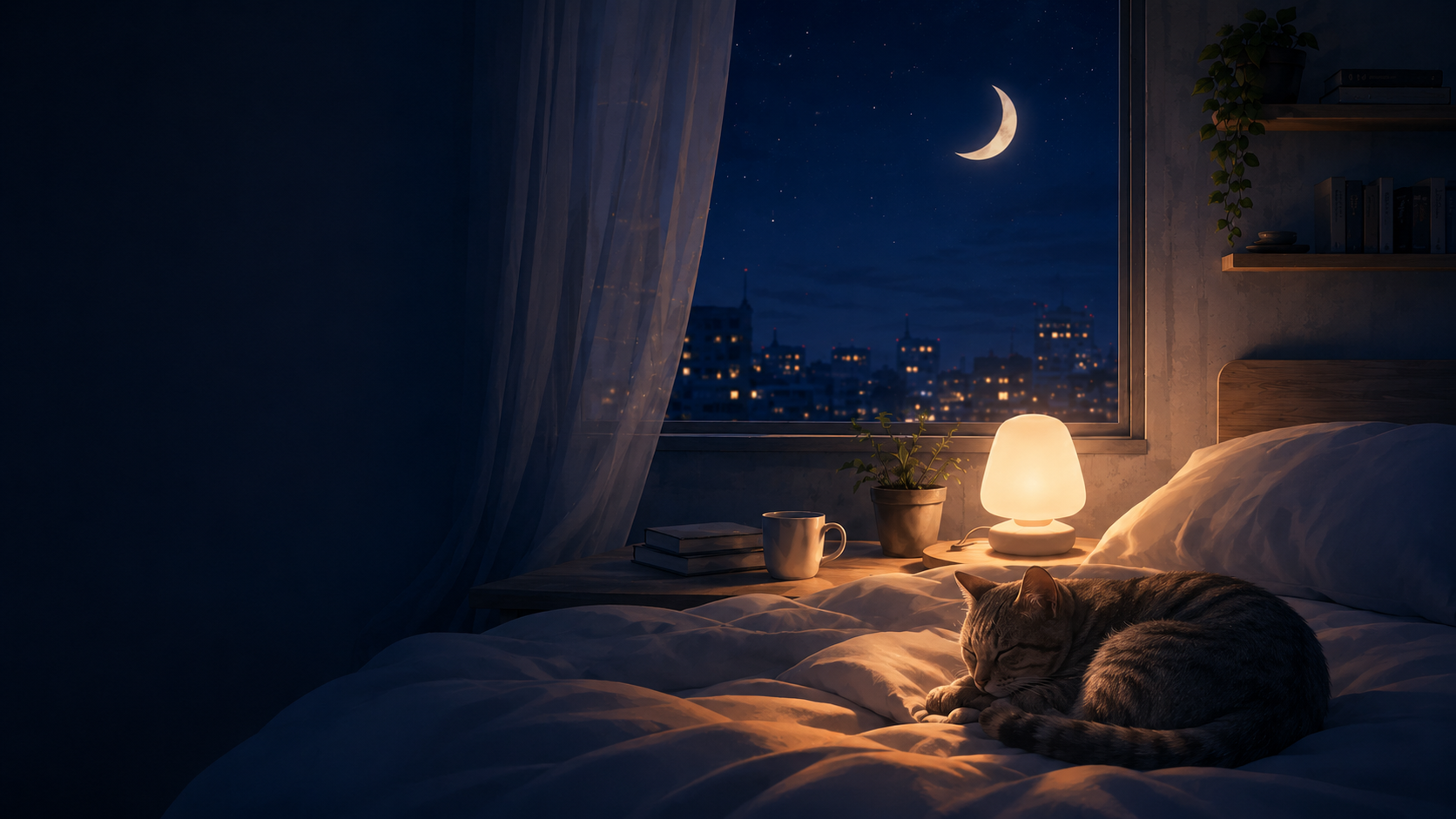 月明かりの寝室で眠る人