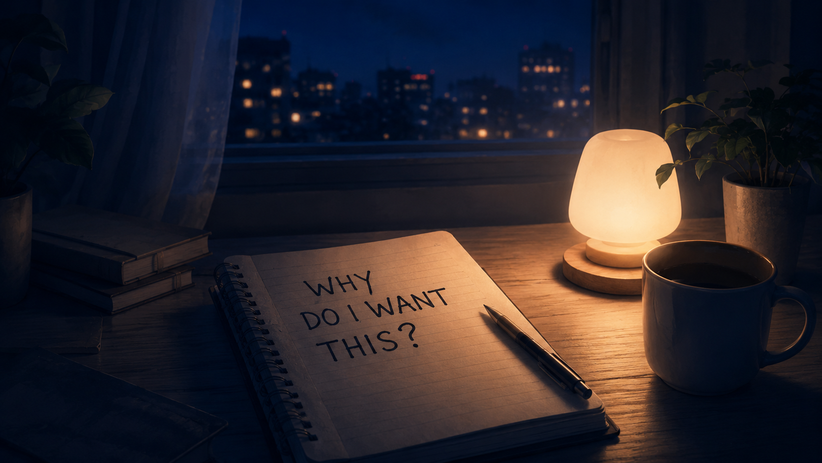 ノートに欲しい理由を書き出す夜の机